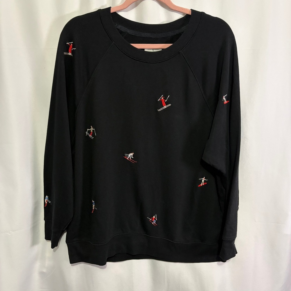 Lou & Grey Black Embroidered Skier Snowboarder Raglan Sweatshirt Medium Novelty